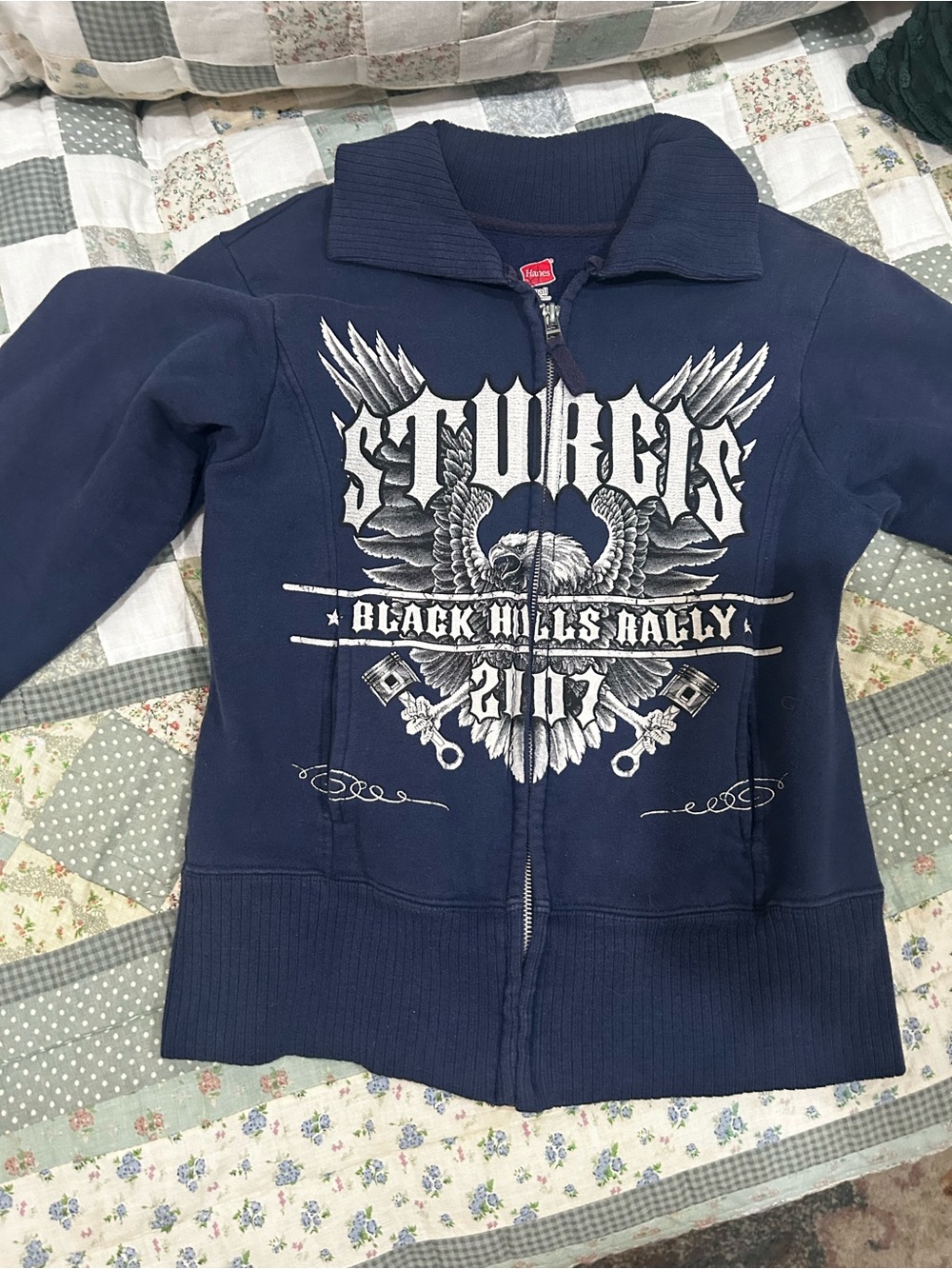 Womens  Y2K Navy Zip-Up Hoodie sturgis Eagle Rally Design